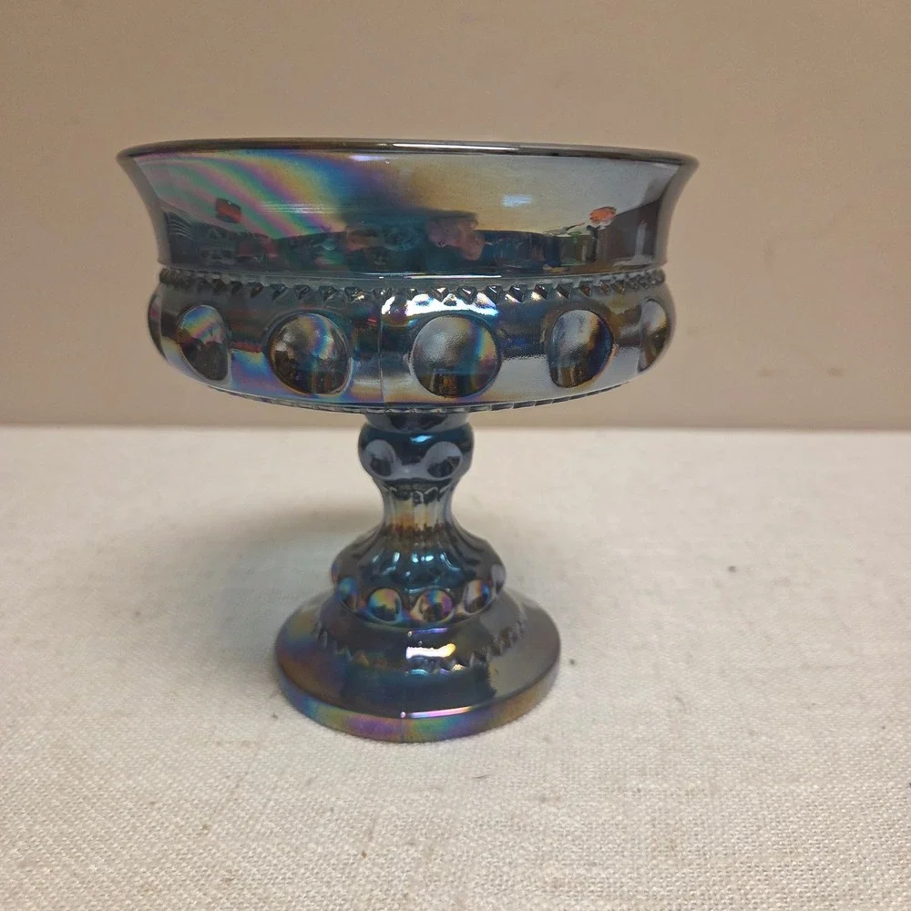 Indiana Blue Carnival Glass Kings Crown Thumbprint Pedestal Compote Candy Dish